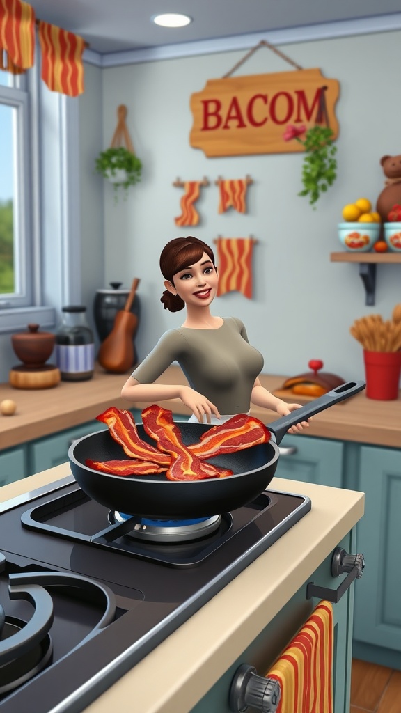 A Sims 4 kitchen with frying pan of bacon, bacon-themed decor, and a Sim cooking.